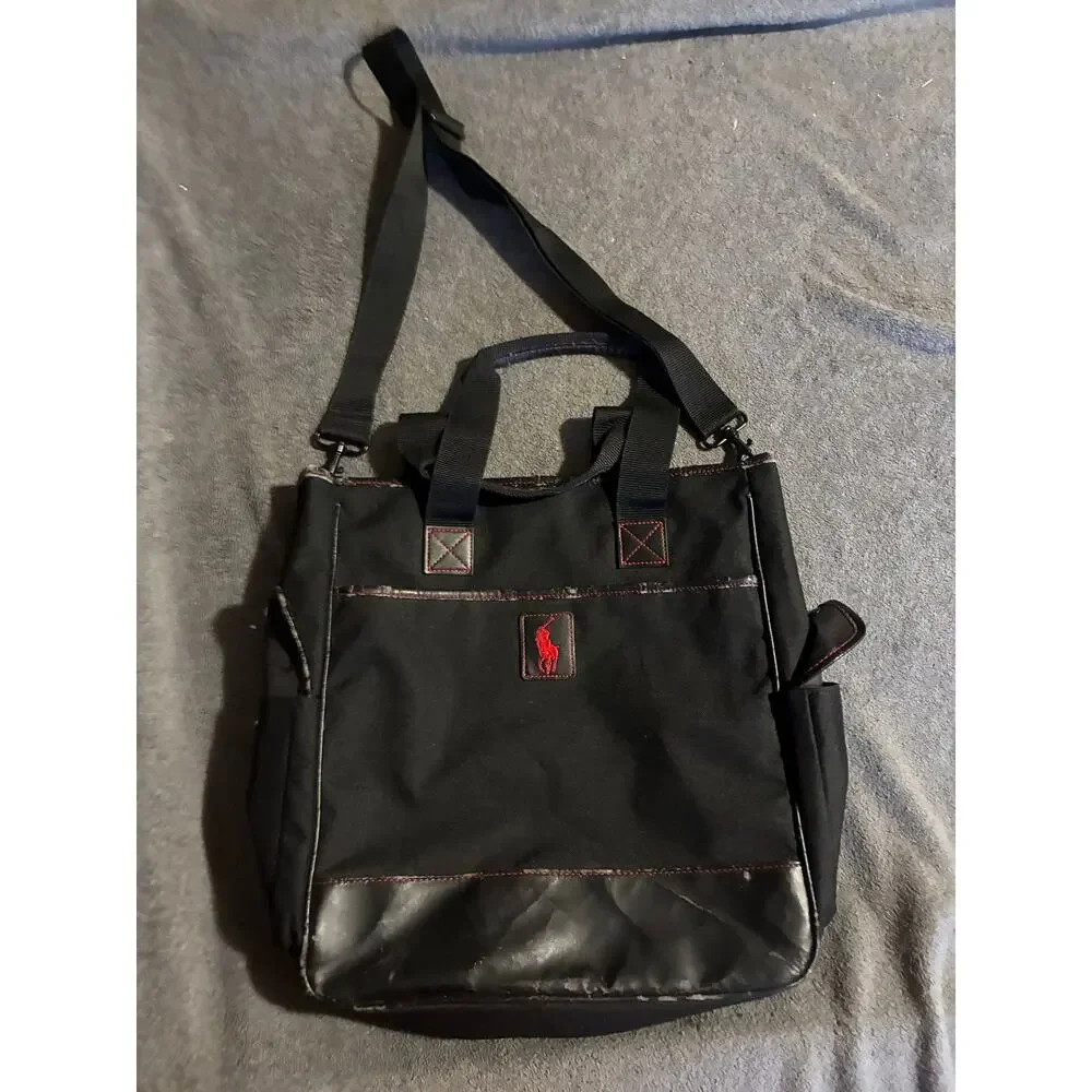 Ralph Lauren Tote Bag Womens One Size Black Canvas Leather Trim Red Stitch